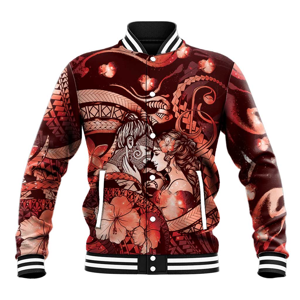 Personalised Maori Romantic Valentine Baseball Jacket The Hongi Kiss Red Galaxy DT05 Unisex Red - Polynesian Pride