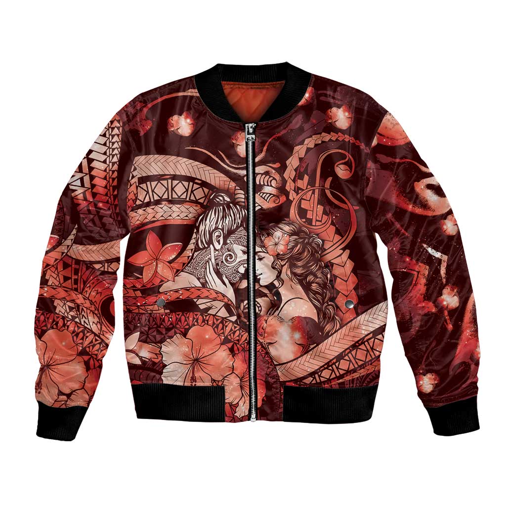 Personalised Maori Romantic Valentine Bomber Jacket The Hongi Kiss Red Galaxy DT05 Unisex Red - Polynesian Pride