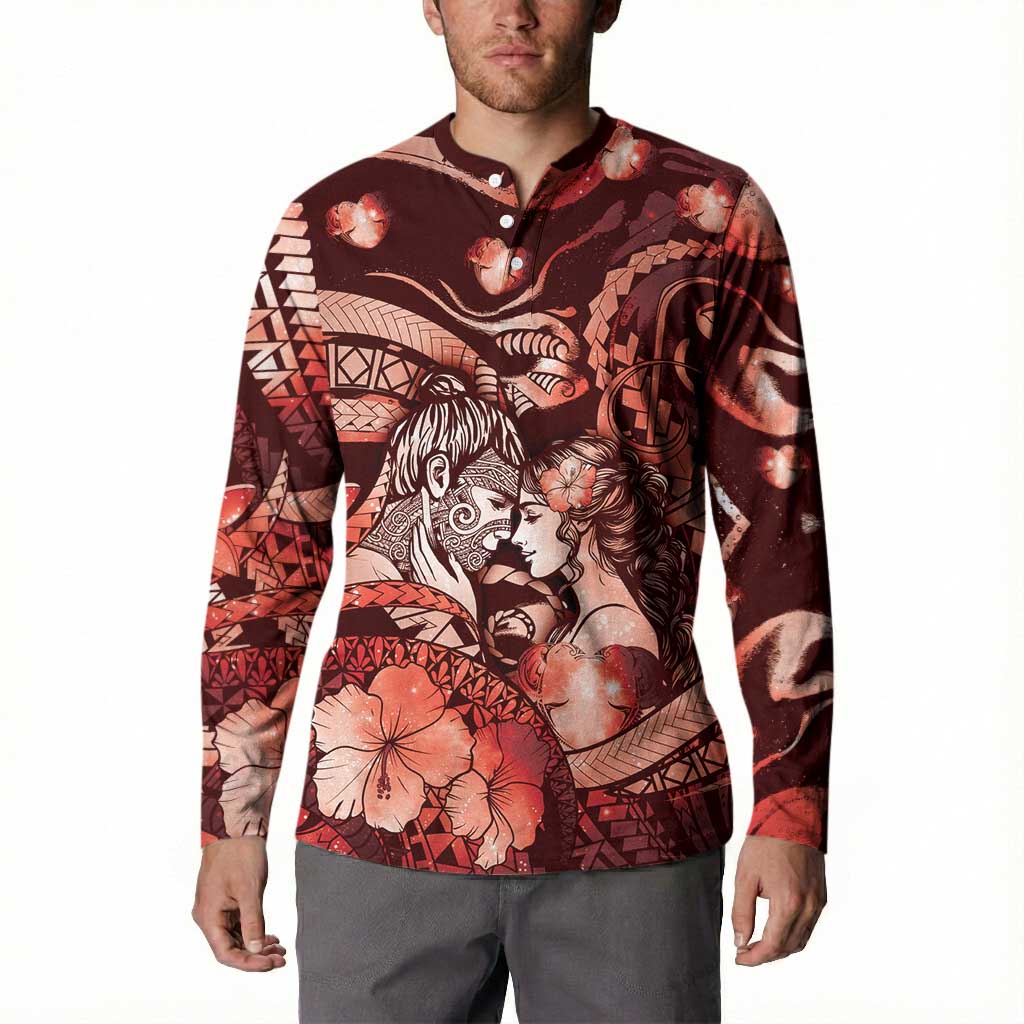 Personalised Maori Romantic Valentine Button Sweatshirt The Hongi Kiss Red Galaxy DT05 - Polynesian Pride