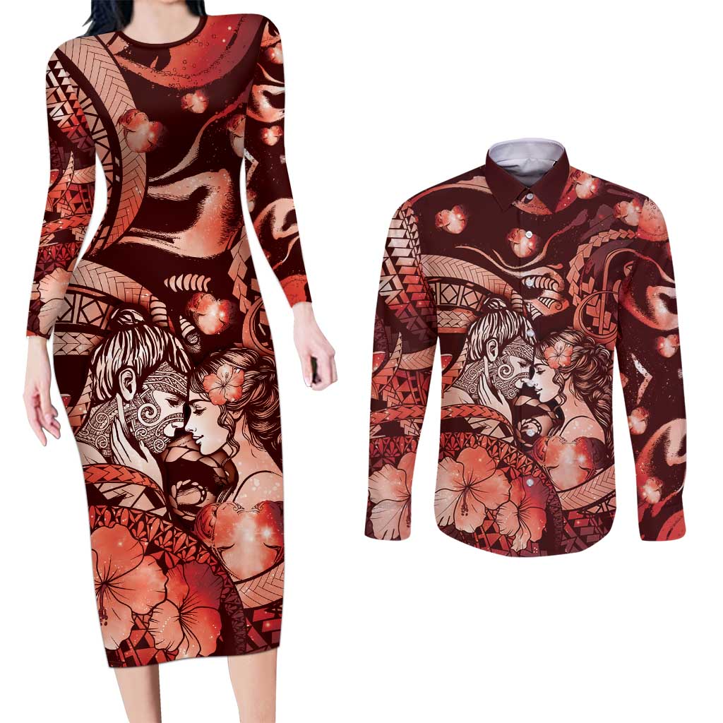 Personalised Maori Romantic Valentine Couples Matching Long Sleeve Bodycon Dress and Long Sleeve Button Shirt The Hongi Kiss Red Galaxy DT05 Red - Polynesian Pride