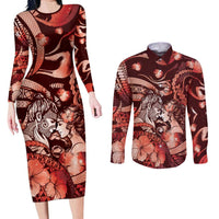 Personalised Maori Romantic Valentine Couples Matching Long Sleeve Bodycon Dress and Long Sleeve Button Shirt The Hongi Kiss Red Galaxy