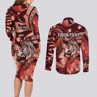 Personalised Maori Romantic Valentine Couples Matching Long Sleeve Bodycon Dress and Long Sleeve Button Shirt The Hongi Kiss Red Galaxy