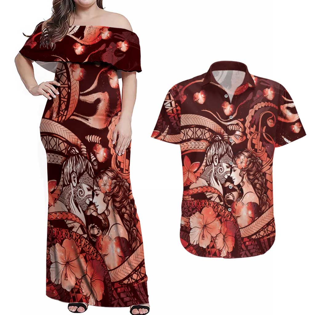 Personalised Maori Romantic Valentine Couples Matching Off Shoulder Maxi Dress and Hawaiian Shirt The Hongi Kiss Red Galaxy DT05 Red - Polynesian Pride