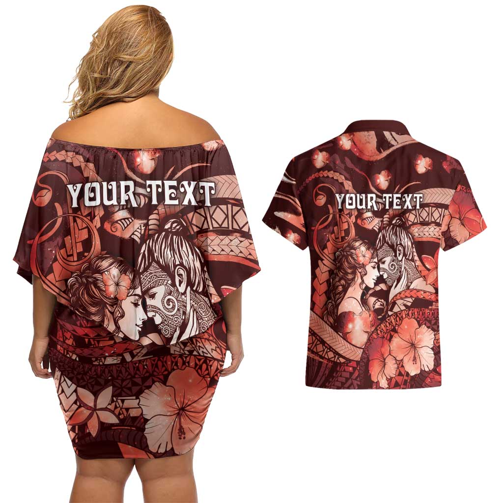 Personalised Maori Romantic Valentine Couples Matching Off Shoulder Short Dress and Hawaiian Shirt The Hongi Kiss Red Galaxy
