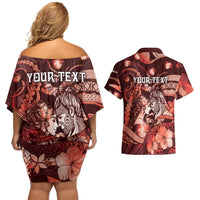 Personalised Maori Romantic Valentine Couples Matching Off Shoulder Short Dress and Hawaiian Shirt The Hongi Kiss Red Galaxy