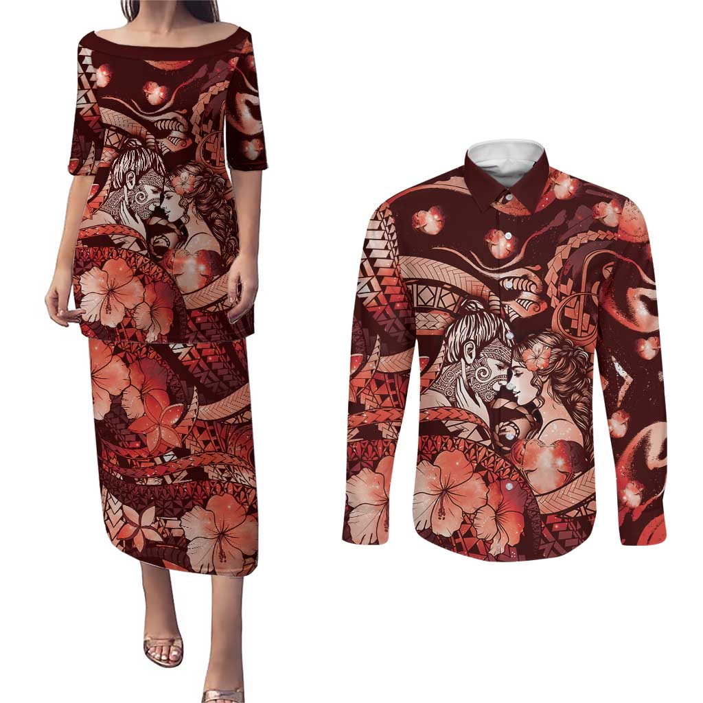 Personalised Maori Romantic Valentine Couples Matching Puletasi and Long Sleeve Button Shirt The Hongi Kiss Red Galaxy DT05 Red - Polynesian Pride