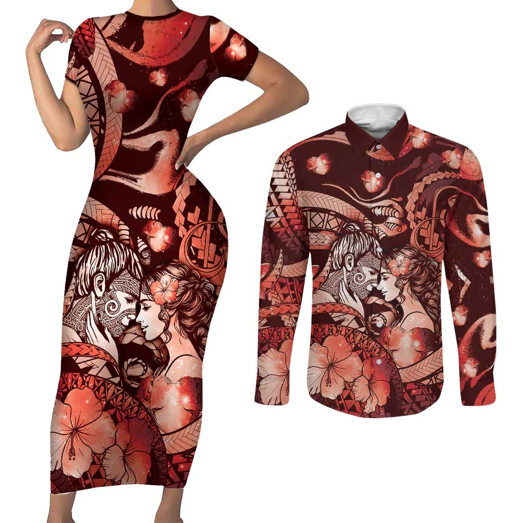 Personalised Maori Romantic Valentine Couples Matching Short Sleeve Bodycon Dress and Long Sleeve Button Shirt The Hongi Kiss Red Galaxy DT05 Red - Polynesian Pride