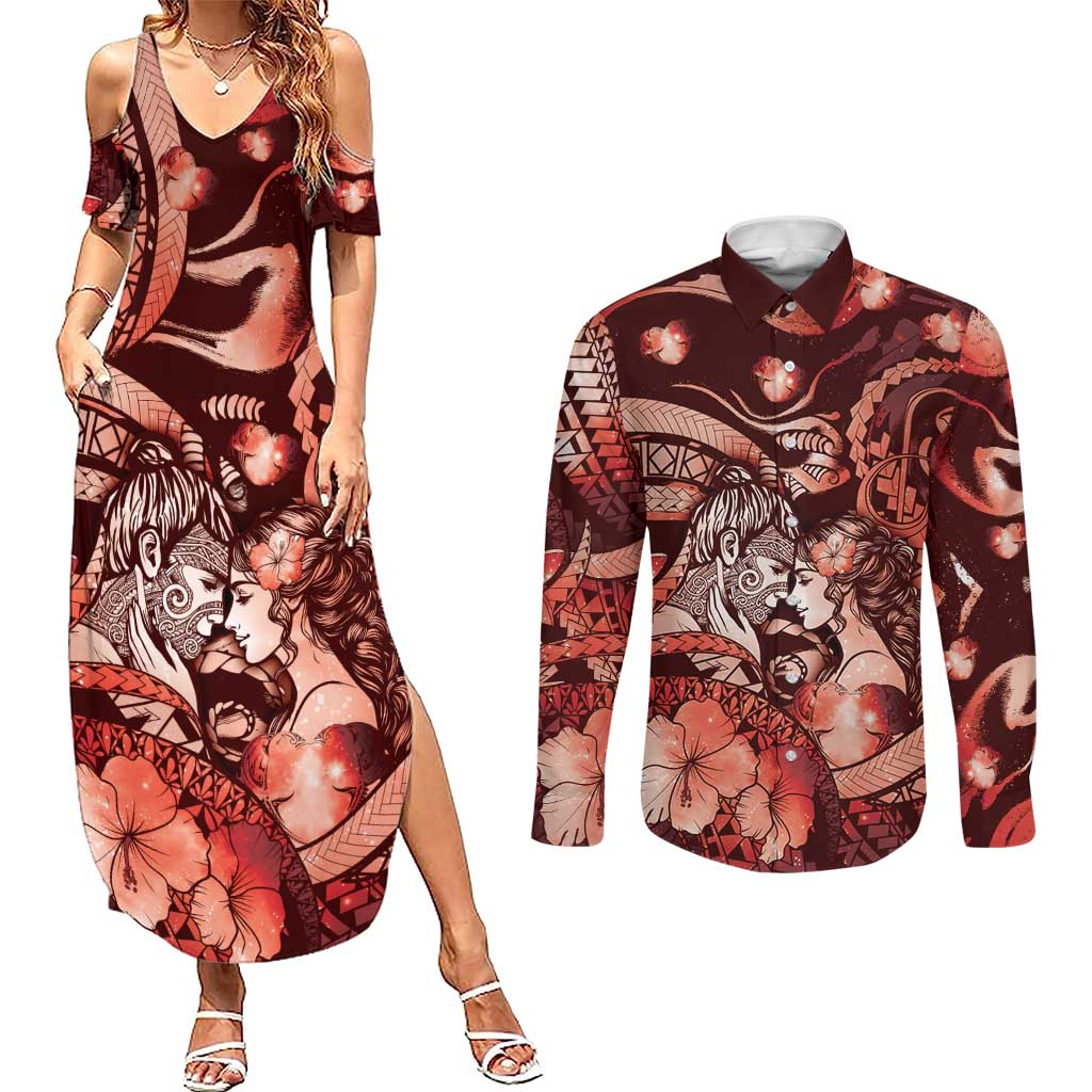 Personalised Maori Romantic Valentine Couples Matching Summer Maxi Dress and Long Sleeve Button Shirt The Hongi Kiss Red Galaxy DT05 Red - Polynesian Pride