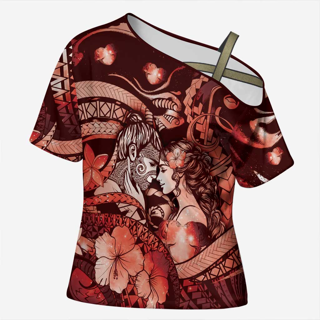 Personalised Maori Romantic Valentine Cross Shoulder Shirt The Hongi Kiss Red Galaxy DT05 Female Red - Polynesian Pride