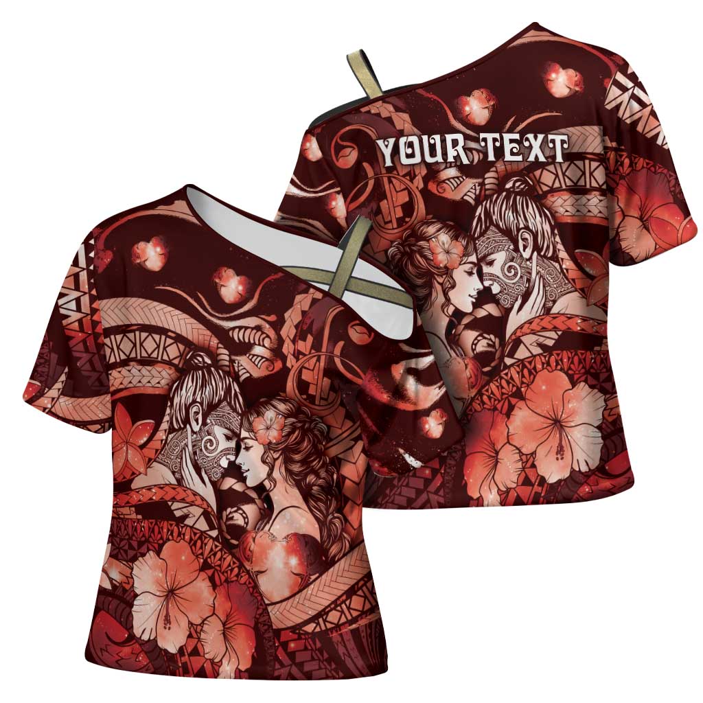 Personalised Maori Romantic Valentine Cross Shoulder Shirt The Hongi Kiss Red Galaxy DT05 - Polynesian Pride