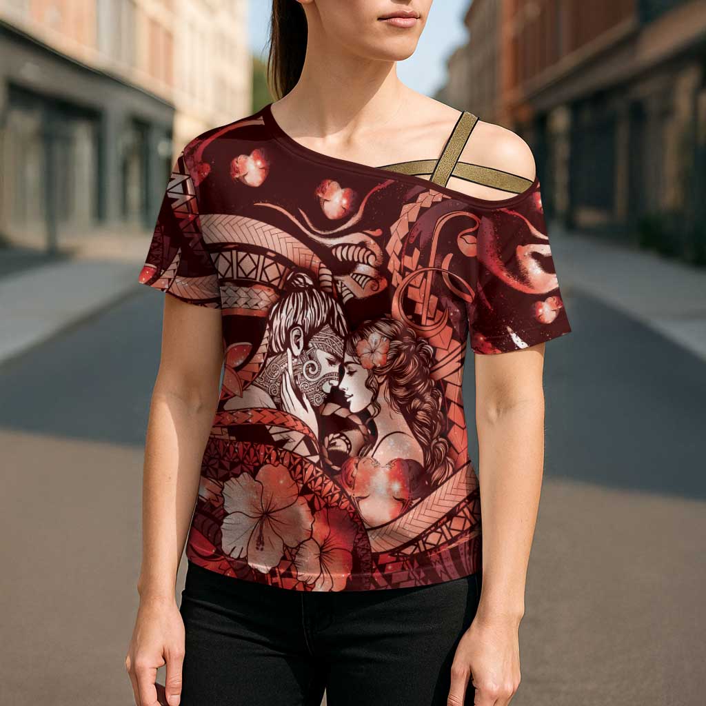 Personalised Maori Romantic Valentine Cross Shoulder Shirt The Hongi Kiss Red Galaxy DT05 - Polynesian Pride