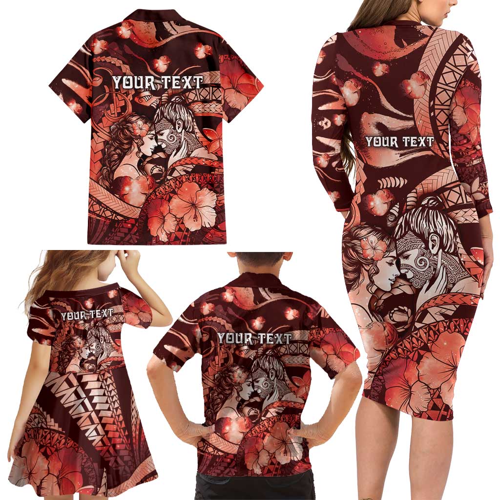 Personalised Maori Romantic Valentine Family Matching Long Sleeve Bodycon Dress and Hawaiian Shirt The Hongi Kiss Red Galaxy