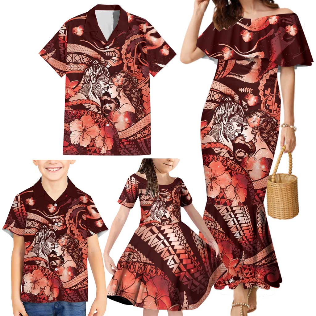 Personalised Maori Romantic Valentine Family Matching Mermaid Dress and Hawaiian Shirt The Hongi Kiss Red Galaxy DT05 - Polynesian Pride