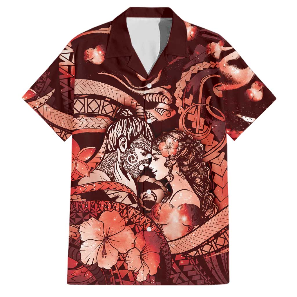 Personalised Maori Romantic Valentine Family Matching Off The Shoulder Long Sleeve Dress and Hawaiian Shirt The Hongi Kiss Red Galaxy DT05 Dad's Shirt - Short Sleeve Red - Polynesian Pride