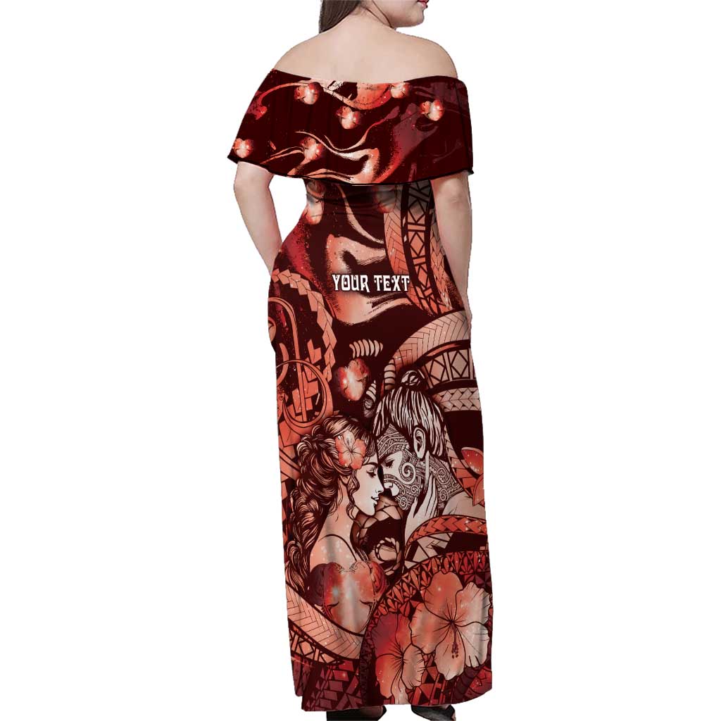 Personalised Maori Romantic Valentine Family Matching Off Shoulder Maxi Dress and Hawaiian Shirt The Hongi Kiss Red Galaxy