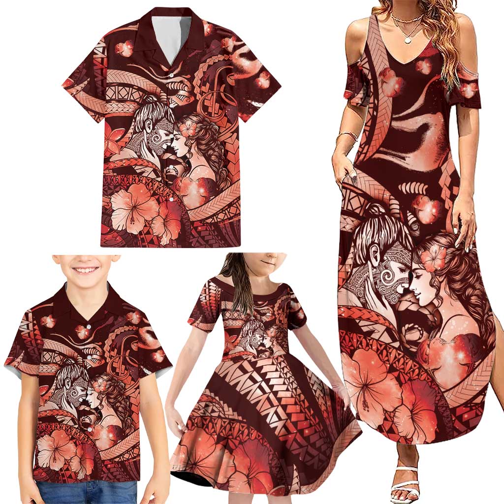 Personalised Maori Romantic Valentine Family Matching Summer Maxi Dress and Hawaiian Shirt The Hongi Kiss Red Galaxy DT05 - Polynesian Pride