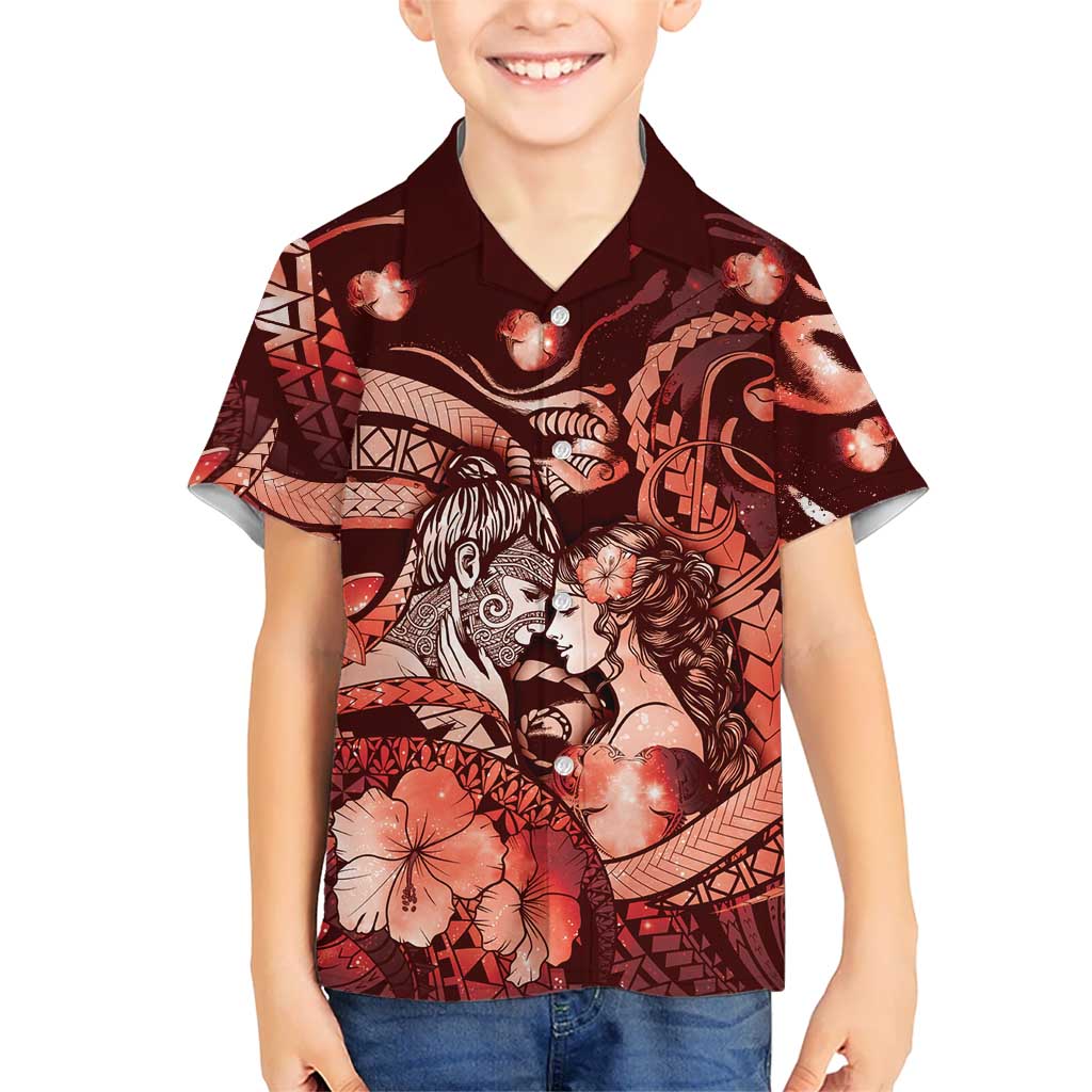 Personalised Maori Romantic Valentine Family Matching Tank Maxi Dress and Hawaiian Shirt The Hongi Kiss Red Galaxy