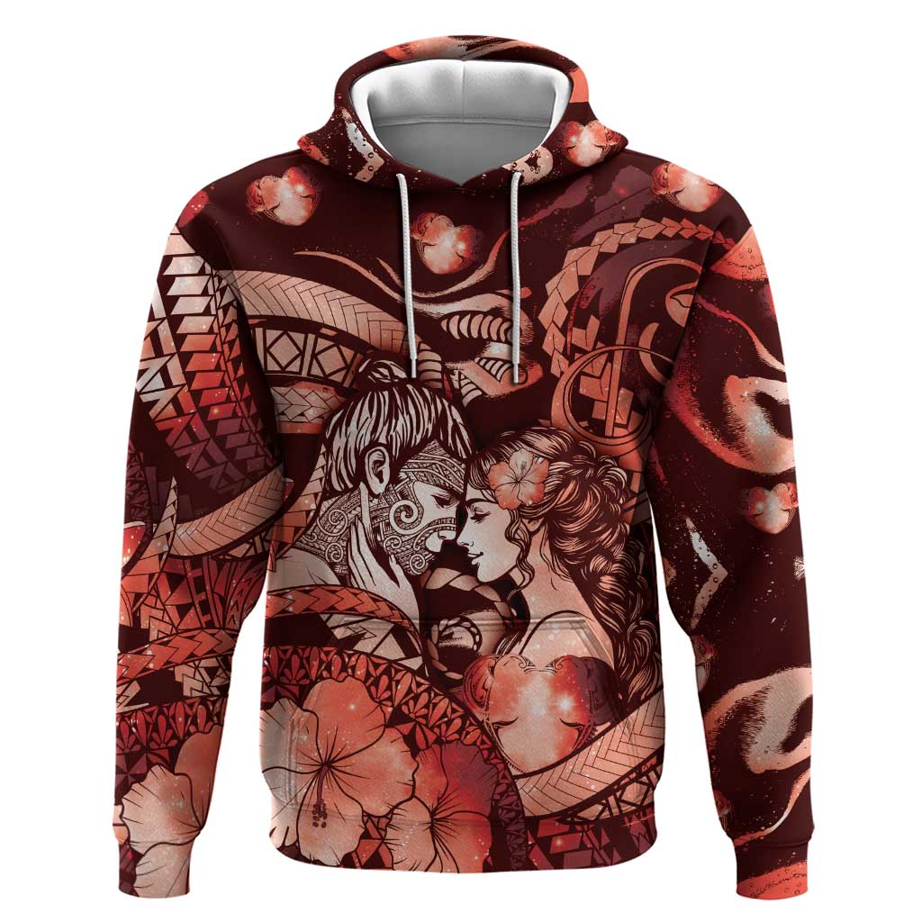 Personalised Maori Romantic Valentine Hoodie The Hongi Kiss Red Galaxy DT05 Pullover Hoodie Red - Polynesian Pride