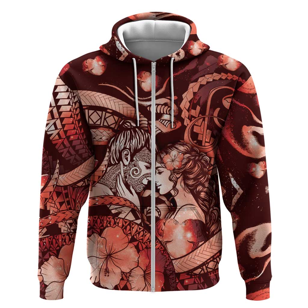 Personalised Maori Romantic Valentine Hoodie The Hongi Kiss Red Galaxy DT05 Zip Hoodie Red - Polynesian Pride