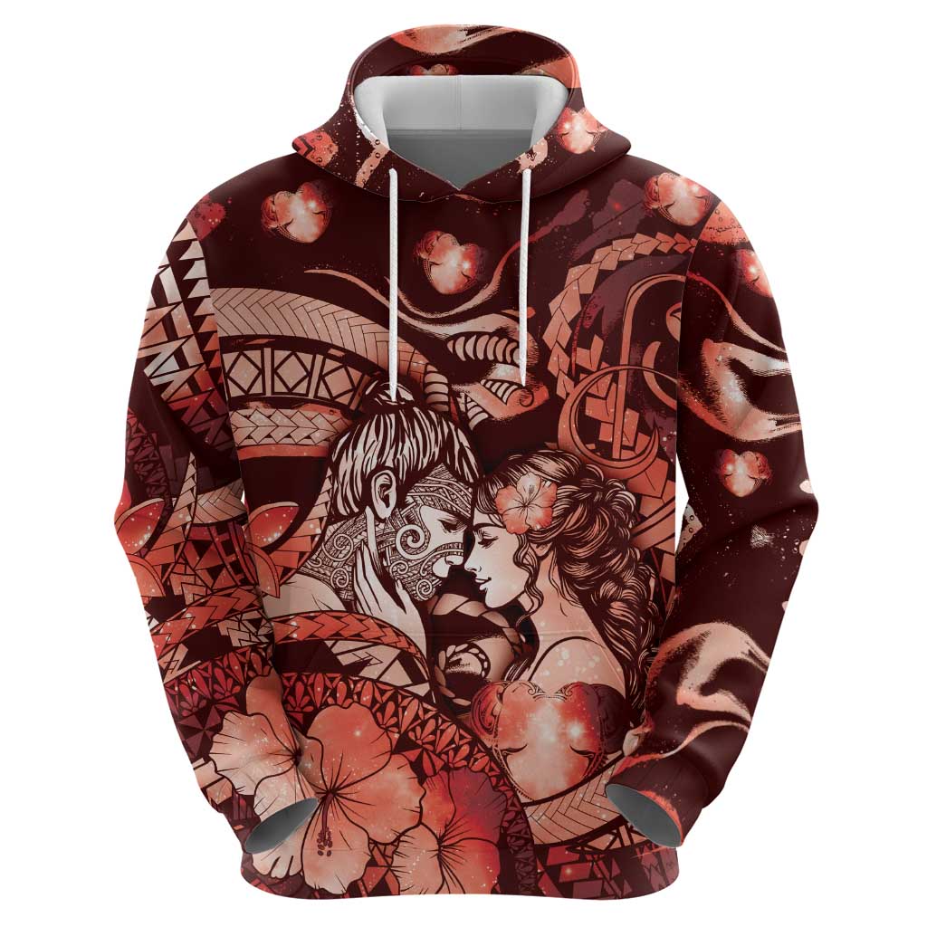 Personalised Maori Romantic Valentine Hoodie The Hongi Kiss Red Galaxy DT05 - Polynesian Pride