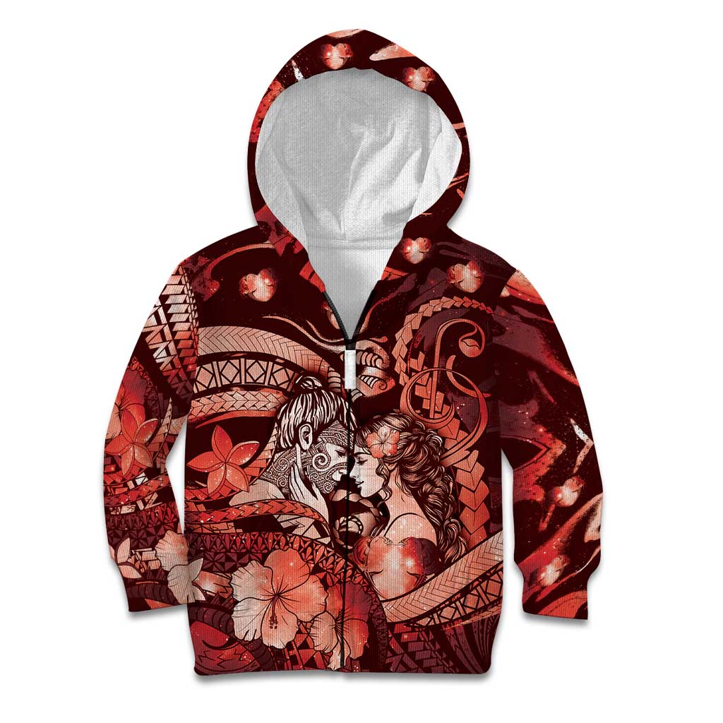 Personalised Maori Romantic Valentine Kid Hoodie The Hongi Kiss Red Galaxy DT05 Zip Hoodie Red - Polynesian Pride
