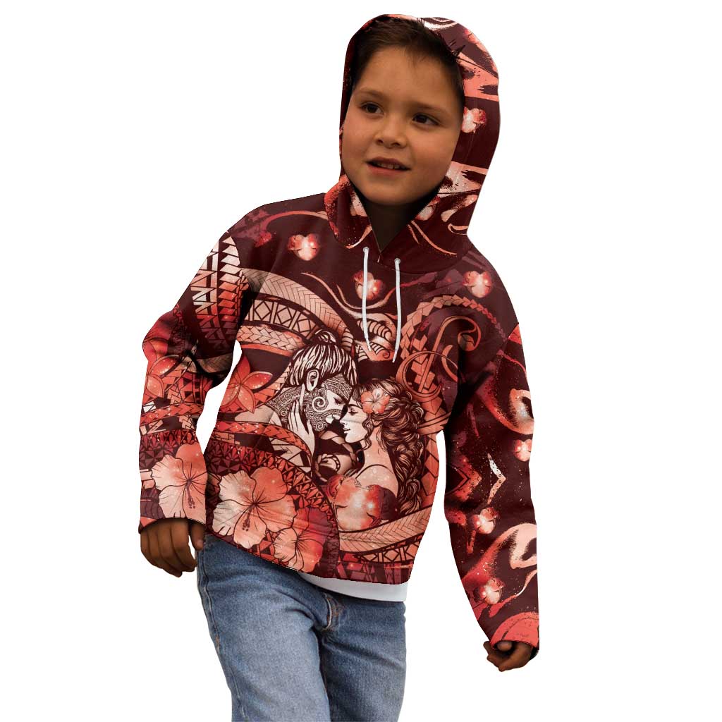 Personalised Maori Romantic Valentine Kid Hoodie The Hongi Kiss Red Galaxy DT05 - Polynesian Pride