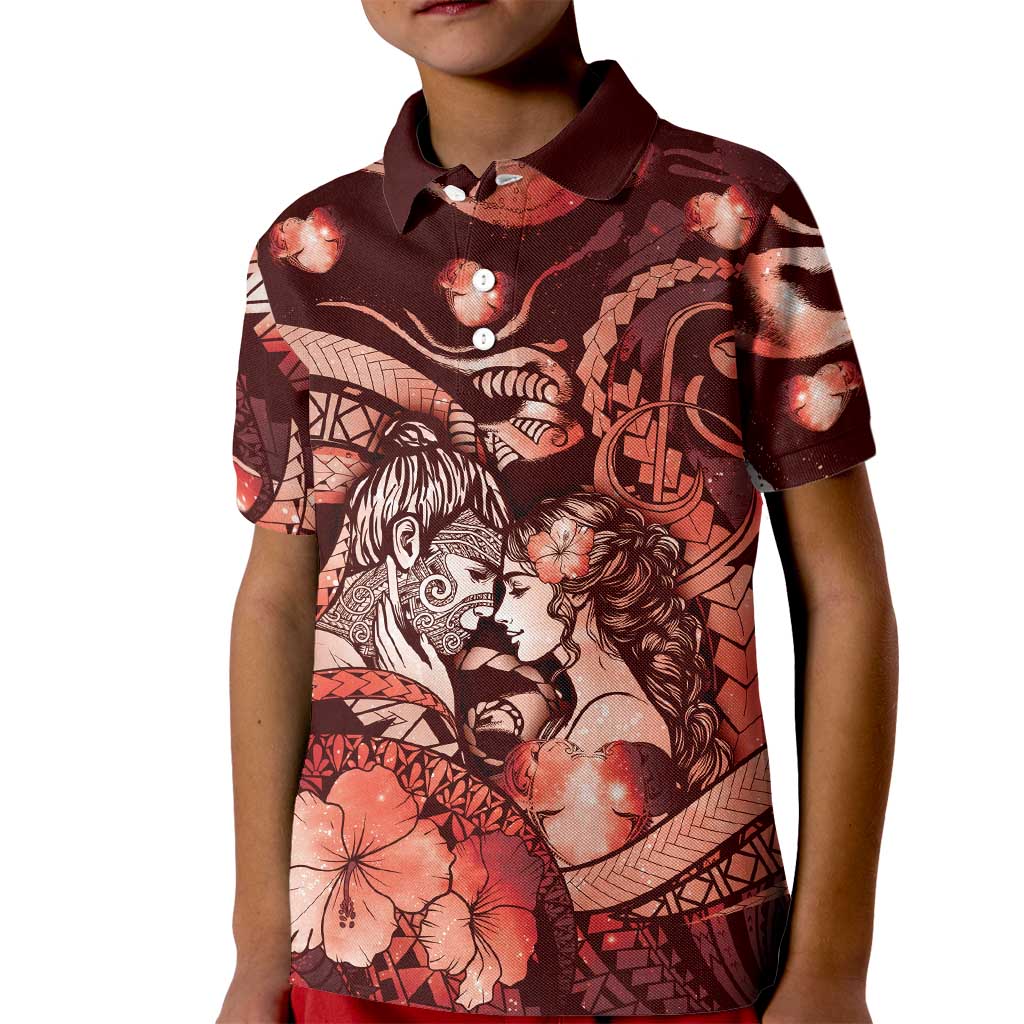 Personalised Maori Romantic Valentine Kid Polo Shirt The Hongi Kiss Red Galaxy DT05 Kid Red - Polynesian Pride
