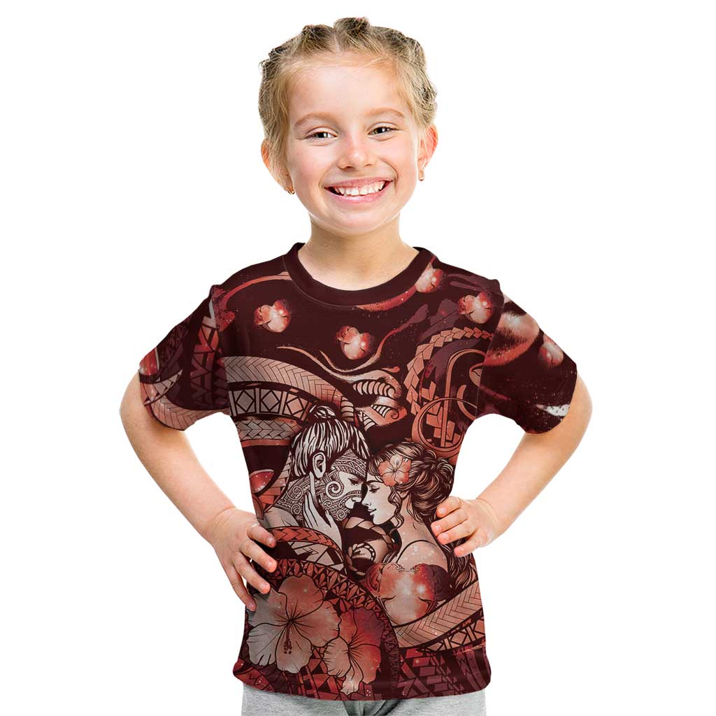 Personalised Maori Romantic Valentine Kid T Shirt The Hongi Kiss Red Galaxy DT05 Red - Polynesian Pride