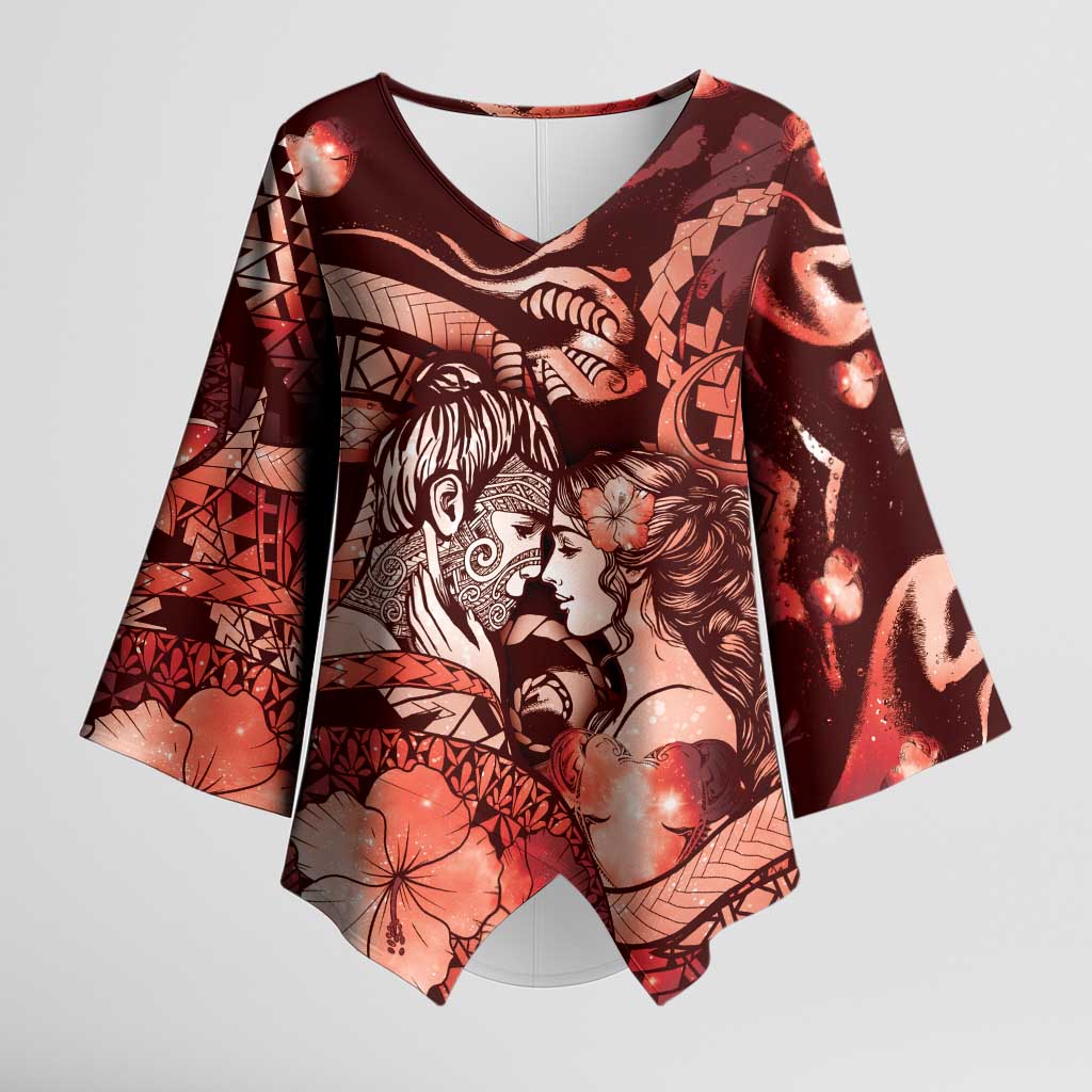 Personalised Maori Romantic Valentine Kimono Sleeve Blouse The Hongi Kiss Red Galaxy
