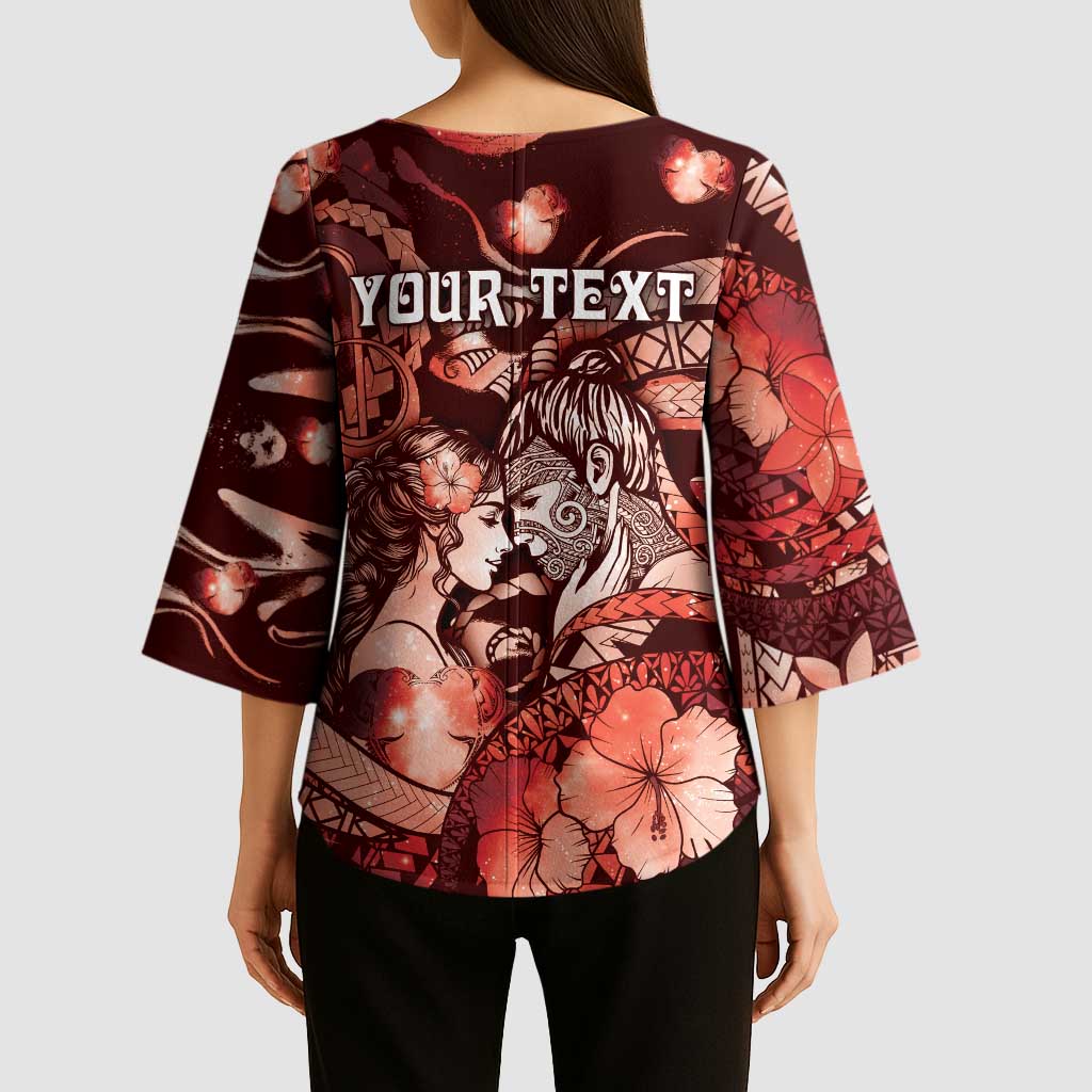 Personalised Maori Romantic Valentine Kimono Sleeve Blouse The Hongi Kiss Red Galaxy
