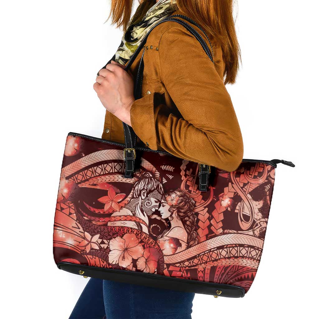 Maori Romantic Valentine Leather Tote Bag The Hongi Kiss Red Galaxy DT05 Red - Polynesian Pride