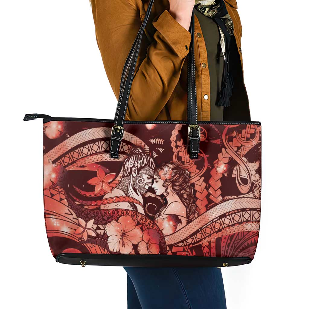 Maori Romantic Valentine Leather Tote Bag The Hongi Kiss Red Galaxy DT05 - Polynesian Pride