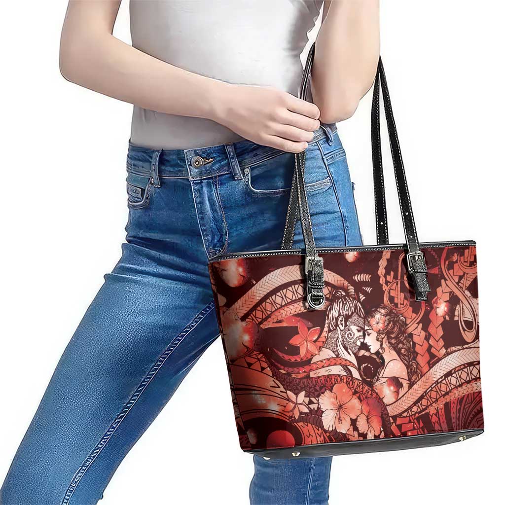 Maori Romantic Valentine Leather Tote Bag The Hongi Kiss Red Galaxy DT05 - Polynesian Pride