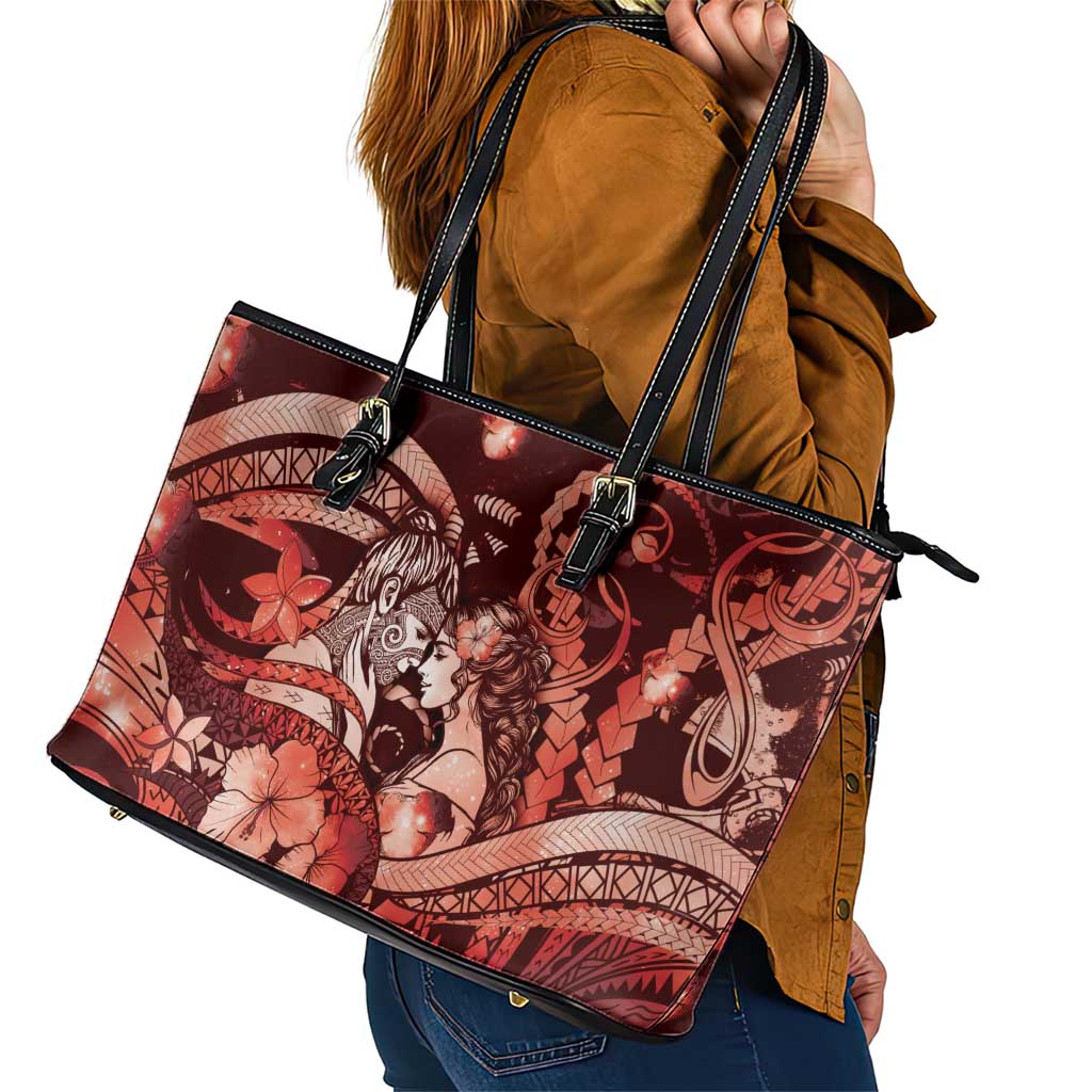 Maori Romantic Valentine Leather Tote Bag The Hongi Kiss Red Galaxy DT05 - Polynesian Pride