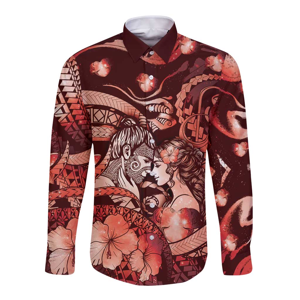 Personalised Maori Romantic Valentine Long Sleeve Button Shirt The Hongi Kiss Red Galaxy DT05 Unisex Red - Polynesian Pride