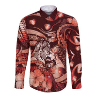 Personalised Maori Romantic Valentine Long Sleeve Button Shirt The Hongi Kiss Red Galaxy DT05 Unisex Red - Polynesian Pride