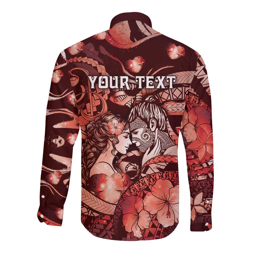 Personalised Maori Romantic Valentine Long Sleeve Button Shirt The Hongi Kiss Red Galaxy DT05 - Polynesian Pride