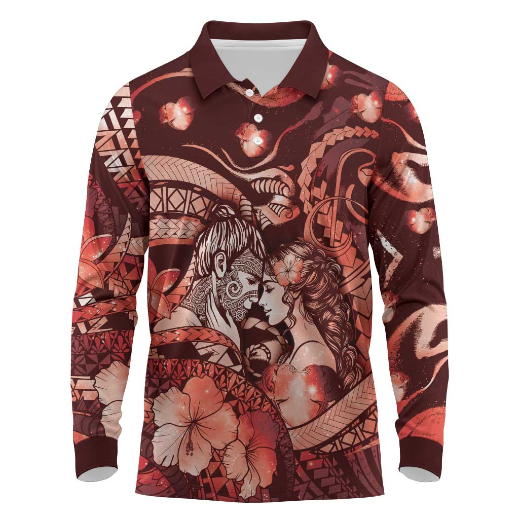 Personalised Maori Romantic Valentine Long Sleeve Polo Shirt The Hongi Kiss Red Galaxy DT05 Red - Polynesian Pride