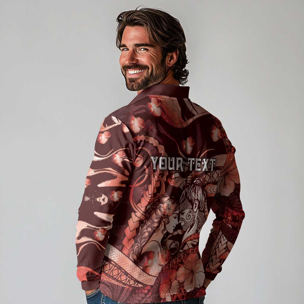 Personalised Maori Romantic Valentine Long Sleeve Polo Shirt The Hongi Kiss Red Galaxy DT05 - Polynesian Pride