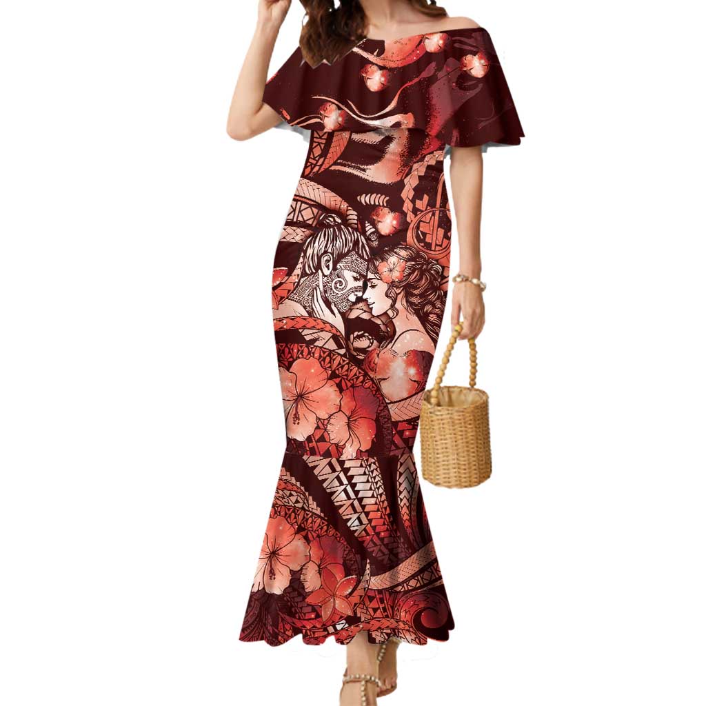 Personalised Maori Romantic Valentine Mermaid Dress The Hongi Kiss Red Galaxy DT05 Women Red - Polynesian Pride