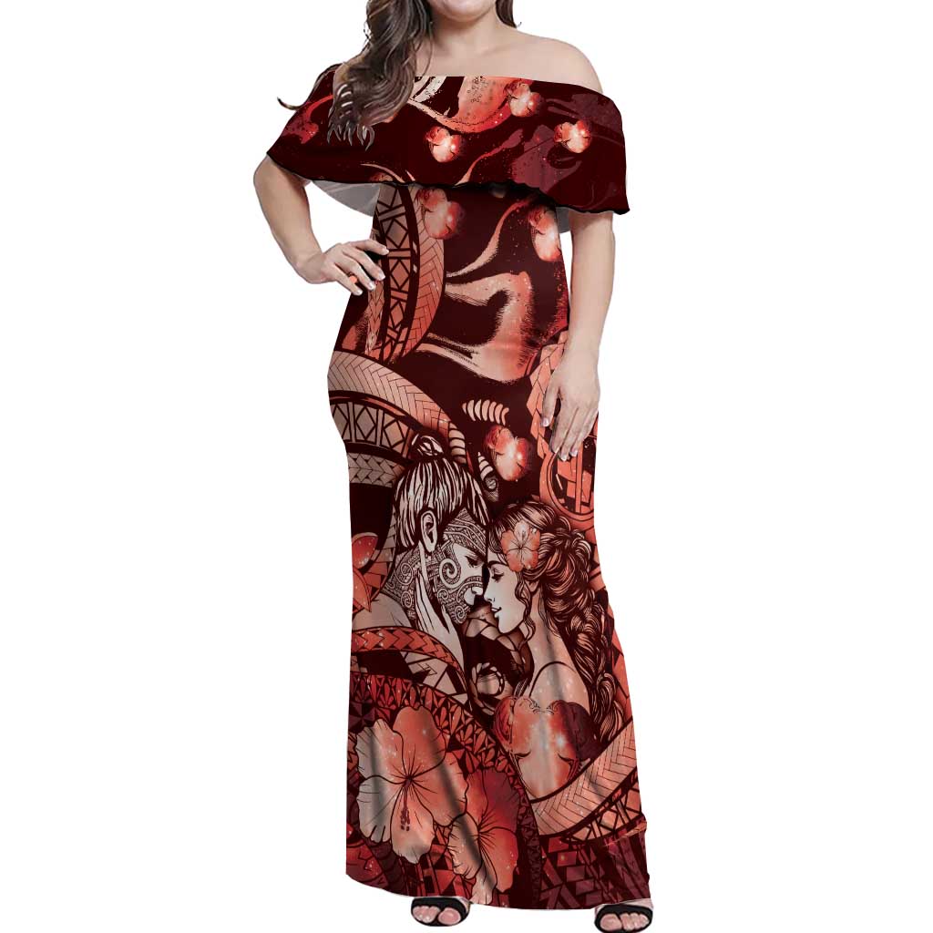 Personalised Maori Romantic Valentine Off Shoulder Maxi Dress The Hongi Kiss Red Galaxy DT05 Women Red - Polynesian Pride