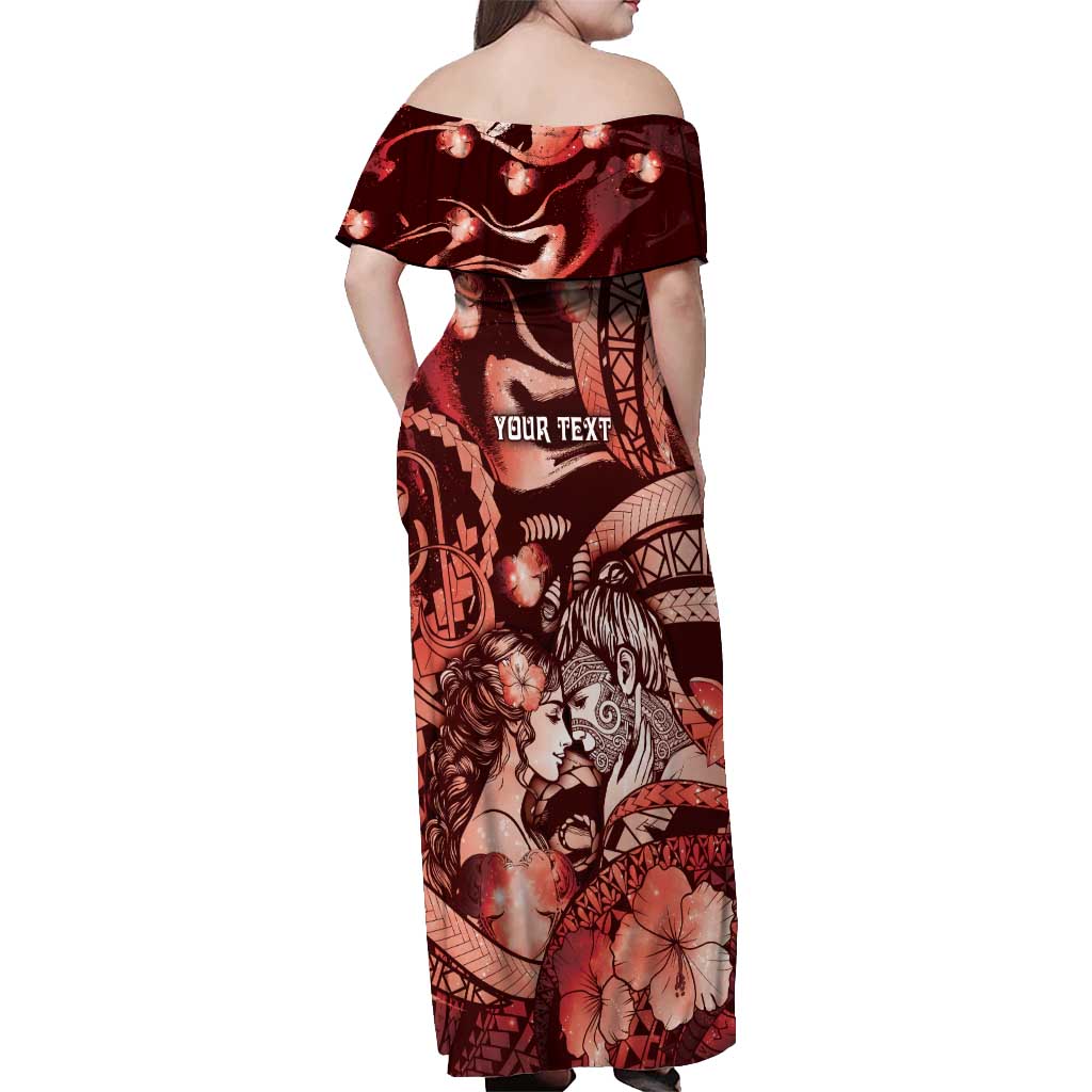Personalised Maori Romantic Valentine Off Shoulder Maxi Dress The Hongi Kiss Red Galaxy DT05 - Polynesian Pride
