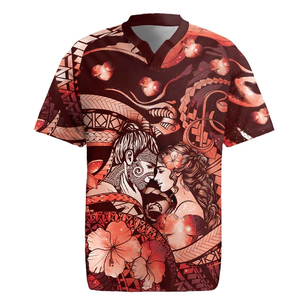 Personalised Maori Romantic Valentine Rugby Jersey The Hongi Kiss Red Galaxy DT05 Red - Polynesian Pride