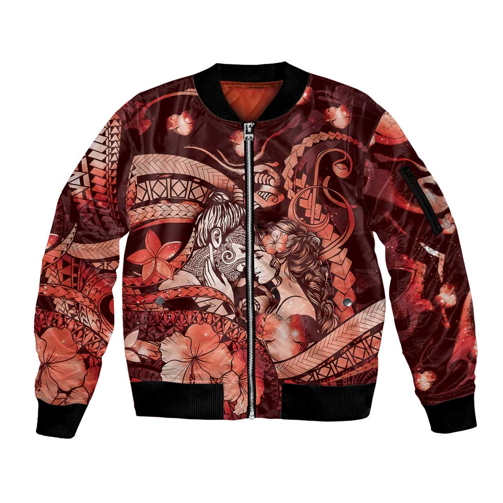 Personalised Maori Romantic Valentine Sleeve Zip Bomber Jacket The Hongi Kiss Red Galaxy DT05 Unisex Red - Polynesian Pride