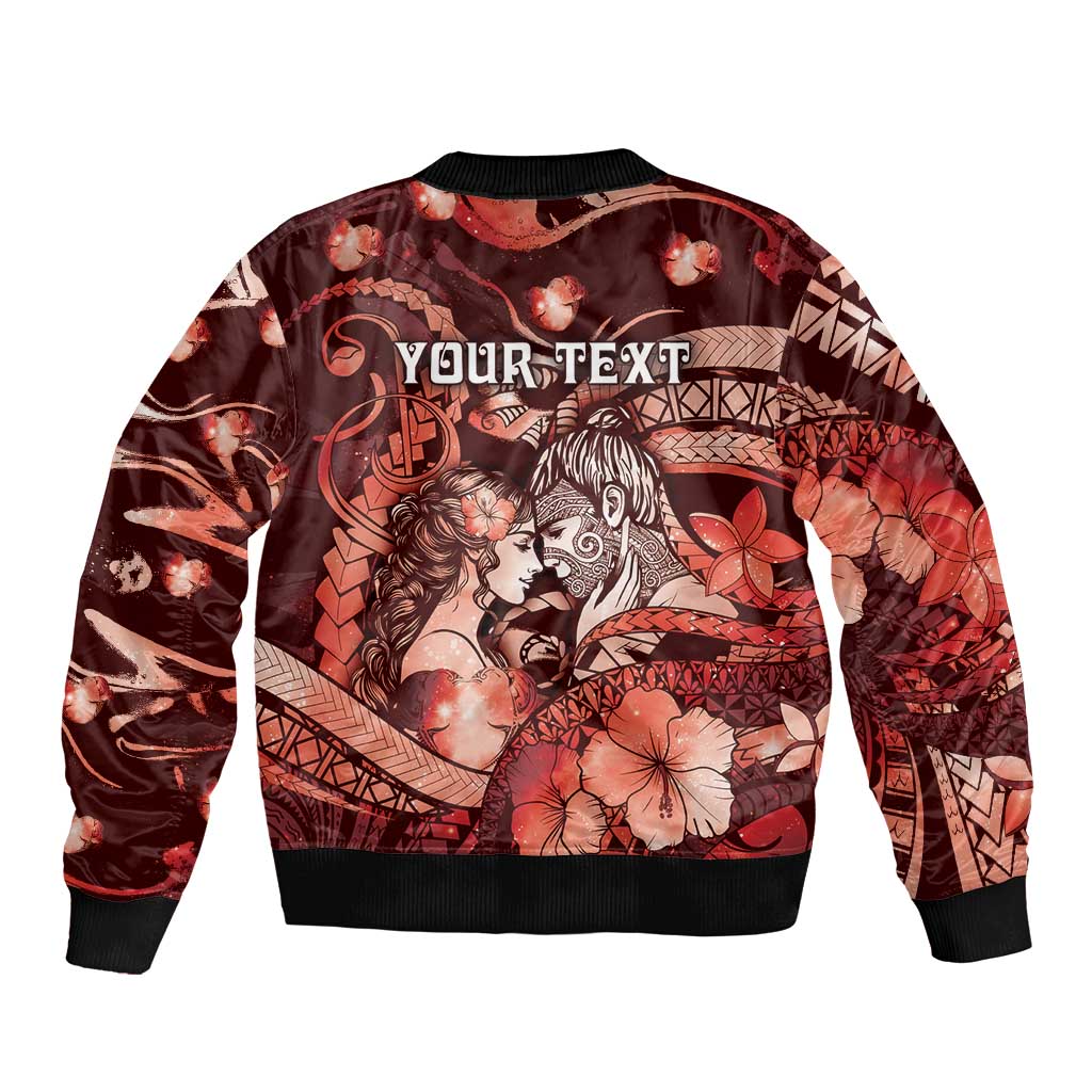 Personalised Maori Romantic Valentine Sleeve Zip Bomber Jacket The Hongi Kiss Red Galaxy
