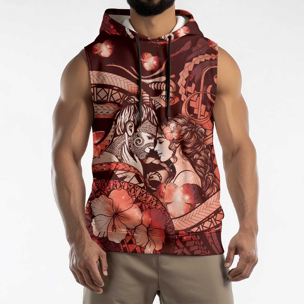 Personalised Maori Romantic Valentine Sleeveless Hoodie The Hongi Kiss Red Galaxy DT05 - Polynesian Pride