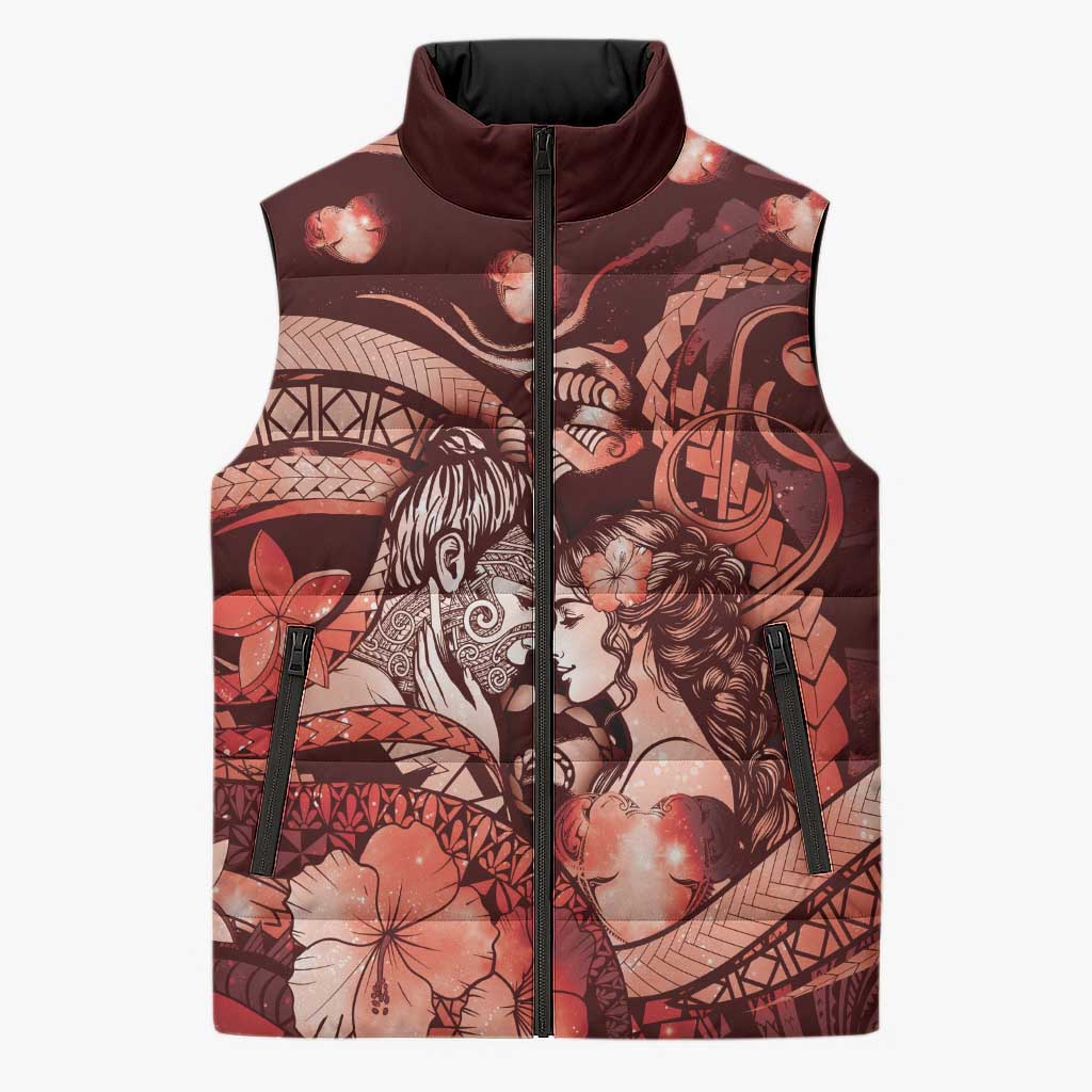 Personalised Maori Romantic Valentine Sleeveless Puffer Jacket The Hongi Kiss Red Galaxy DT05 Unisex Red - Polynesian Pride