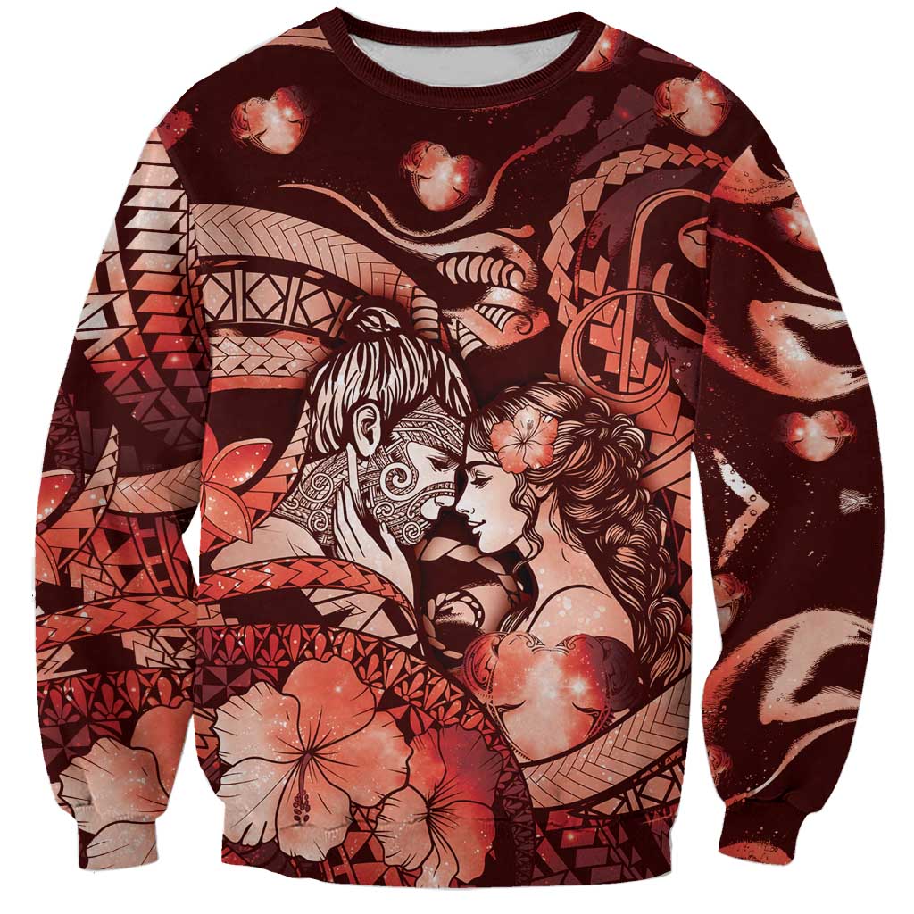 Personalised Maori Romantic Valentine Sweatshirt The Hongi Kiss Red Galaxy DT05 Unisex Red - Polynesian Pride
