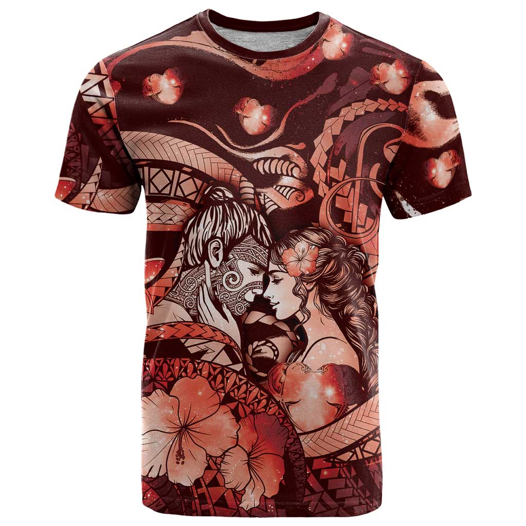 Personalised Maori Romantic Valentine T Shirt The Hongi Kiss Red Galaxy DT05 Red - Polynesian Pride