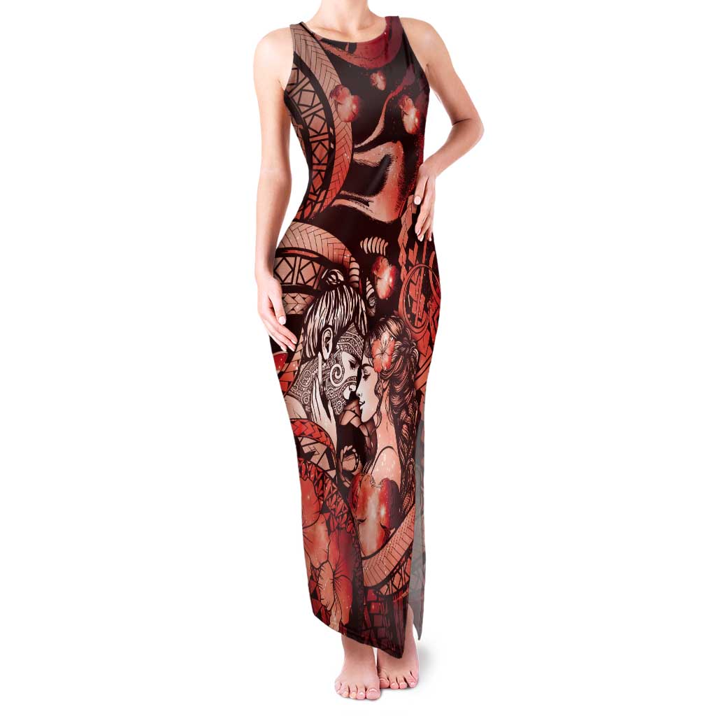 Personalised Maori Romantic Valentine Tank Maxi Dress The Hongi Kiss Red Galaxy DT05 Women Red - Polynesian Pride